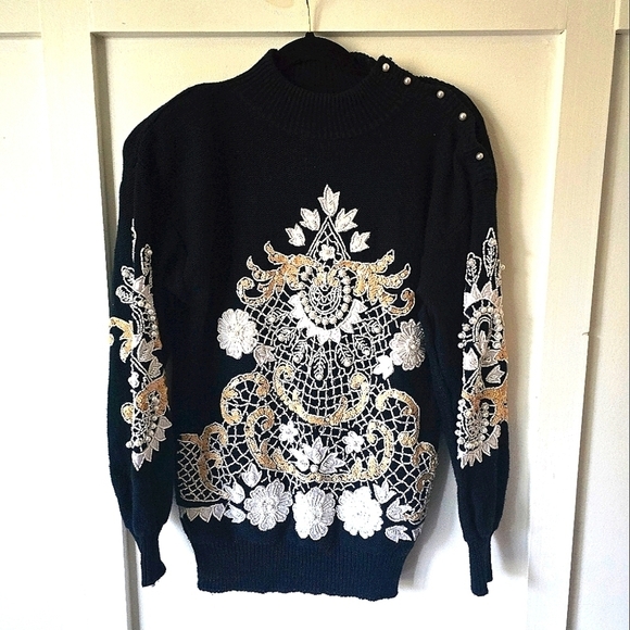 VINTAGE BONNIE BOERER | Beaded Sequin black sweater 80s Small - Picture 2 of 5